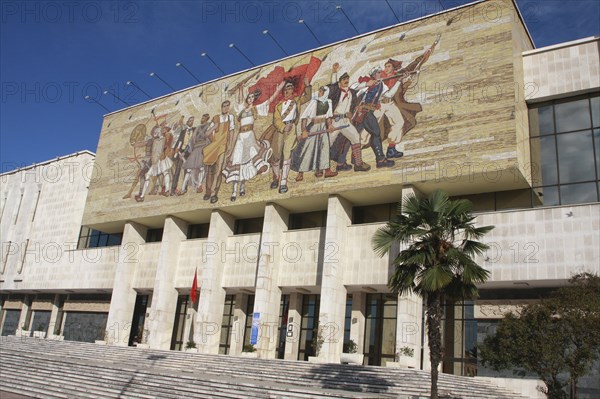 Albania, Tirane, Tirana, National History Museum. Mosaic on the exterior facade of the National History Museum in Skanderbeg Square representing the development of Albanias history.