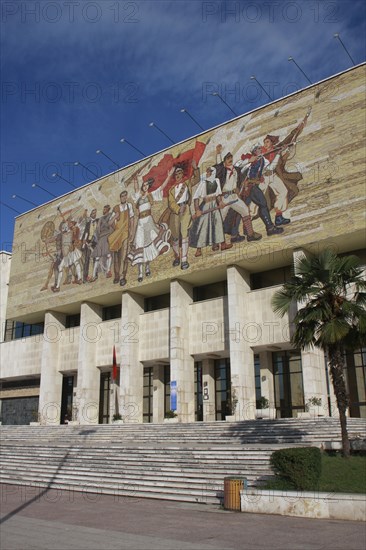 Albania, Tirane, Tirana, National History Museum. Mosaic on the exterior facade of the National History Museum in Skanderbeg Square representing the development of Albanias history.