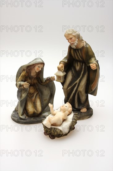 Festivals, Religious, Christmas, A nativity scene   model figures of Mary  Joseph and Christ Child (Child Jesus).