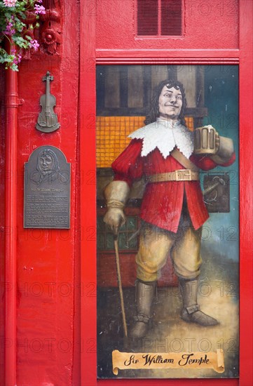 Ireland, County Dublin, Dublin City, Painting on wall of Temple Bar traditional Irish pub of Sir William Temple the founder.