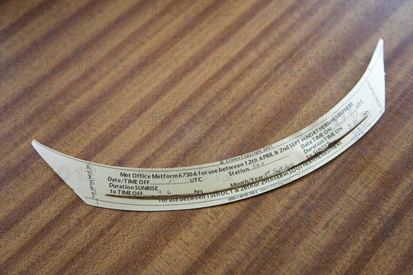 Climate, Weather, Measurements, Summer card for a CampbellStokes sunshine recorder or Stokes sphere used by weather observers to monitor the hours of sunshine and showing 9.6 hours duration burnt into the card.