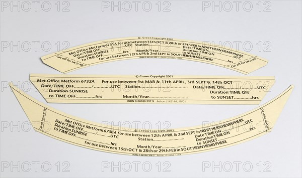 Climate, Weather, Measurements, Cards for a CampbellStokes sunshine recorder or Stokes sphere used by weather observers to monitor the hours of sunshine.