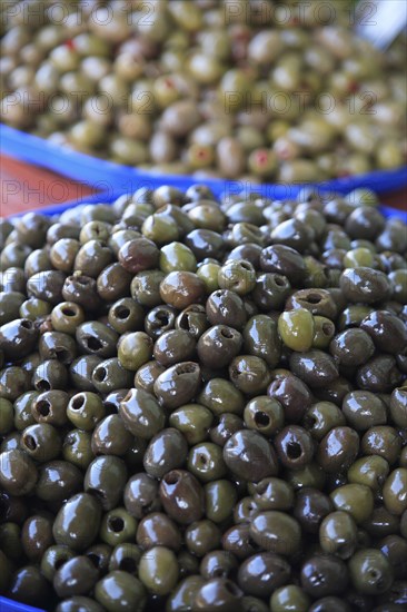 Albania, Tirane, Tirana, Display of olives for sale in the Avni Rustemi Market.