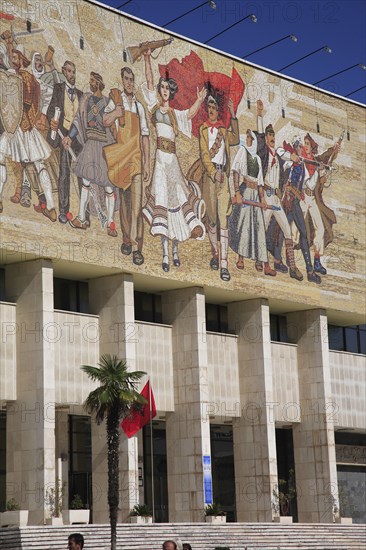 Albania, Tirane, Tirana, Part view of exterior facade of the National History Museum with mosaic The Albanians representing the development of the history of Albania.