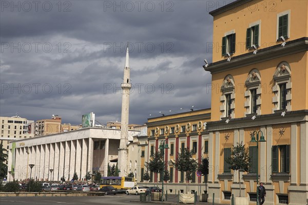 Albania, Tirane, Tirana, Opera House  Ethem Bey Mosque and government buildings in Skanderbeg Square.