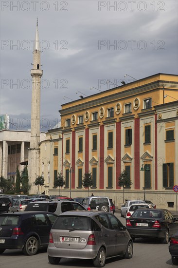 Albania, Tirane, Tirana, Congested traffic in front of government buildings and the Ethem Bey Mosque on Skanderbeg Square.
