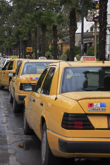 Albania, Tirane, Tirana, Line of yellow coloured taxi cabs.