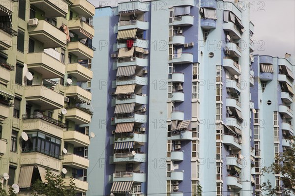 Albania, Tirane, Tirana, Cropped view of exterior of apartment blocks.