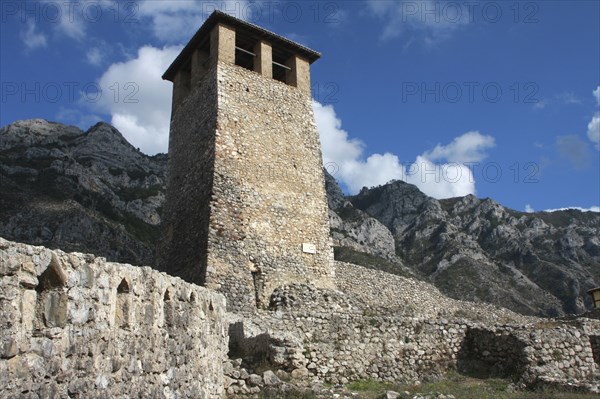 Albania, Kruja, Exterior of stone watchtower at Kruja Castle.