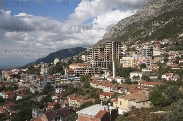 Albania, Kruja, View over hillside residential area.