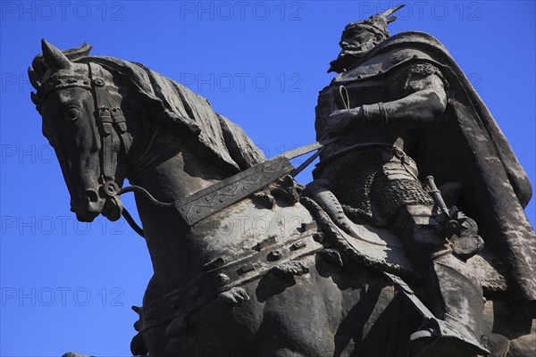 Albania, Tirane, Tirana, Part view of equestrian statue of national hero George Castriot Skanderbeg.