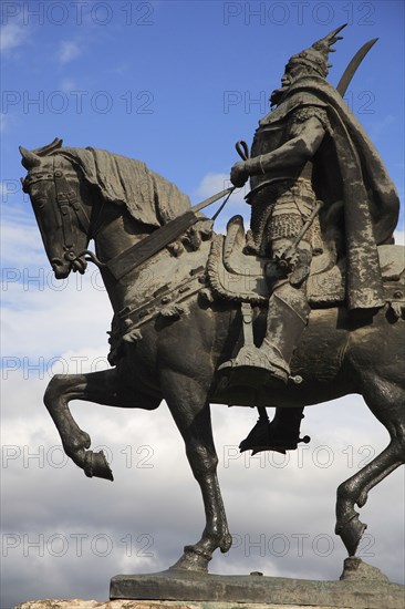 Albania, Tirane, Tirana, Part view of equestrian statue of the national hero George Castriot Skanderbeg.