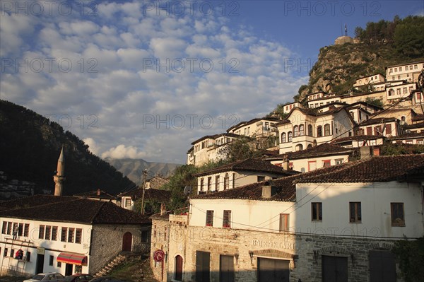 Albania, Berat, Traditional Ottoman buildings on hillside.