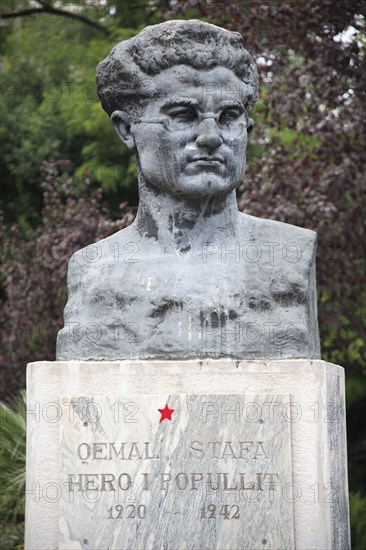 Albania, Tirane, Tirana, Portrait bust of Qemal Stafa  founding member of the Albanian Communist Party and active in the National Liberation Movement  Albania during World War II  he was killed by Italian fascist forces in 1942.