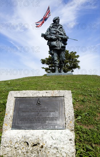 Royal Marines Museum on Southsea seafront with bronze sculpture Yomper by Philip Jackson modelled on a photograph of Corporal Peter Robinson yomping to Sapper Hill in the Falklands War with a plaque commemorating its unveiling by Margaret Thatcher. Photo: Paul Seheult