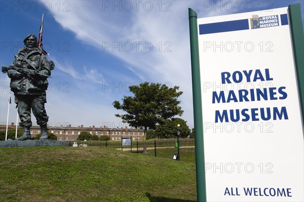 Royal Marines Museum on Southsea seafront with bronze sculpture Yomper by Philip Jackson modelled on a photograph of Corporal Peter Robinson yomping to Sapper Hill in the Falklands War. Photo : Paul Seheult