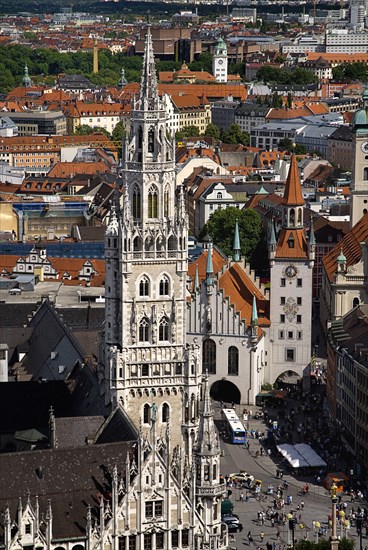 Marienplatz. Aerial view of the New Town Hall or Neues Rathaus built 1867-1908 designed by Georg von Hauberrisser in Gothic Revival style. Photo: Hugh Rooney