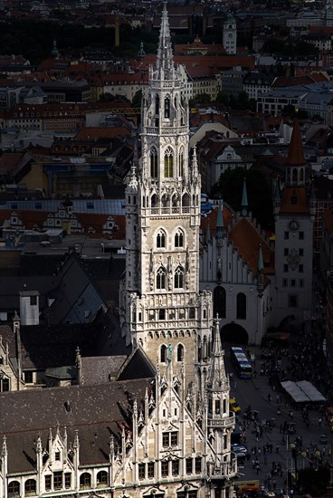 Marienplatz. Aerial view of the New Town Hall or Neues Rathaus built 1867-1908 designed by Georg von Hauberrisser in Gothic Revival style. Photo : Hugh Rooney