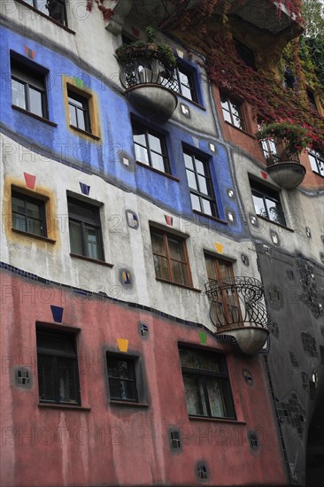 The Hundertwasser-Krawinahaus part view of exterior facade of apartment building. Photo: Bennett Dean