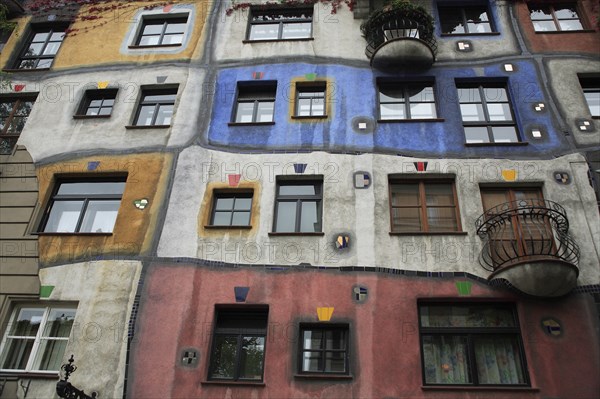 The Hundertwasser-Krawinahaus part view of exterior facade of apartment building. Photo: Bennett Dean