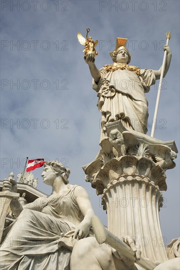 Statue of Athena raised on pillar above fountain in front of the Parliament building. Photo: Bennett Dean