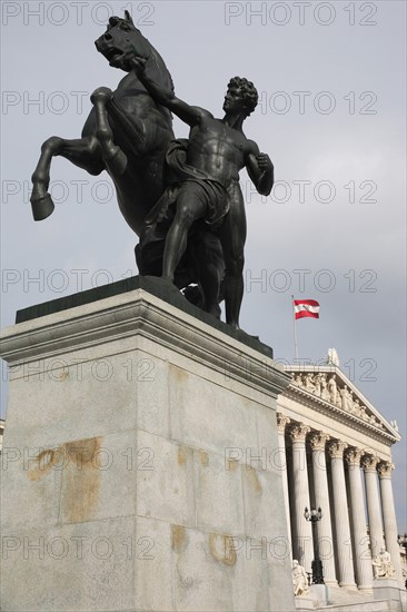 Bronze statue of a horse tamer a symbol for the suppression of passion by Joseph Lax in front of the Parliament building. Photo : Bennett Dean