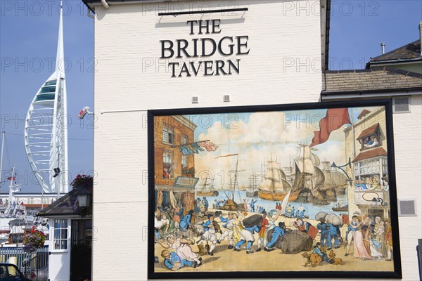 The Camber in Old Portsmouth showing the Spinnaker Tower behind the Bridge Tavern with its mural of Thomas Rowlansons cartoon titled Portsmouth Point. Photo: Paul Seheult