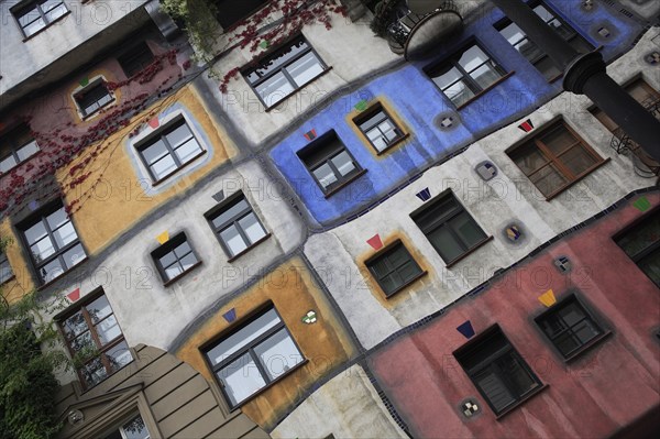 Hundertwasser-Krawinahaus angled part view of colourful apartment exterior. Photo: Bennett Dean