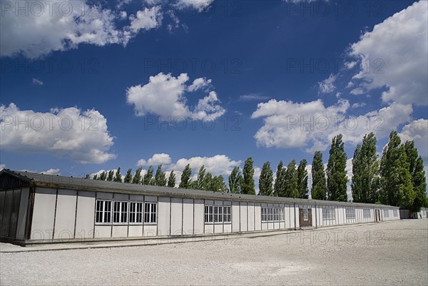 Dachau World War II Nazi Concentration Camp Memorial Site. Two reconstructed prisoner barracks originally there were thirty-four barracks on the site. Photo: Hugh Rooney