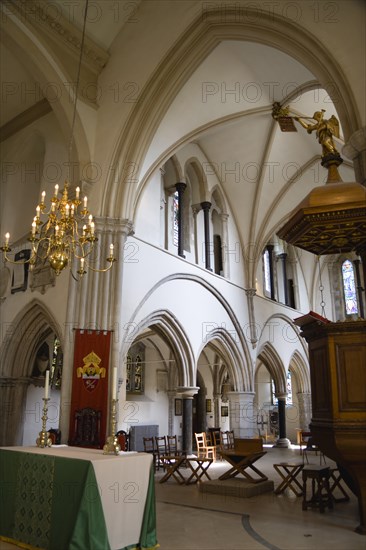 The Anglican Cathedral Church of St Thomas of Canterbury started in the 12th Century consecrated in 1927 and completed in 1980 with a side chapel pulpit and altar seen from the choir. Photo: Paul Seheult