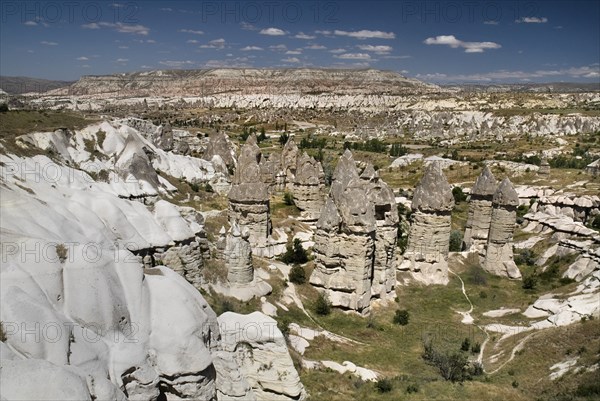 Love Valley. Group of phallic shaped fairy chimney rock formations in volcanic tufa landscape of rock outcrops and pinnacles in valley outside Goreme. Photo: Hugh Rooney
