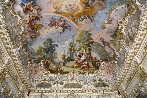 Nymphenburg Palace. Interior of Steinerner Saal the Stone or Great Hall with white and gold baroque decoration and painted ceiling by Johann Baptist Zimmermann. Photo: Hugh Rooney