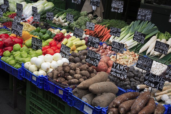 Vegetable stall in the Naschmarkt with display of produce including yams shallots and leeks. Photo : Bennett Dean