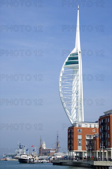 Harbour with the 170 metre Spinnaker Tower and Historic Naval Dockyard seen from Spice Island in Old Portsmouth. Photo : Paul Seheult