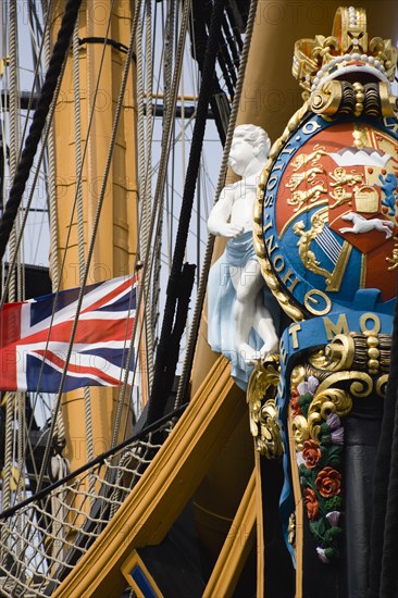 Bow and rigging of Admiral Lord Nelsons flagship HMS Victory showing the ships figurehead with Royal Crest and Union Flag in the Historic Naval Dockyard. Photo: Paul Seheult