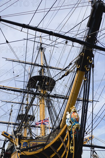 Bow and rigging of Admiral Lord Nelsons flagship HMS Victory showing the ships figurehead in the Historic Naval Dockyard. Photo : Paul Seheult