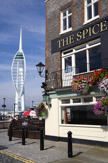 The 170 metre tall Spinnaker Tower seen from Spice Island in Old Portsmouth with The Spice Island Inn in the foreground. Photo: Paul Seheult