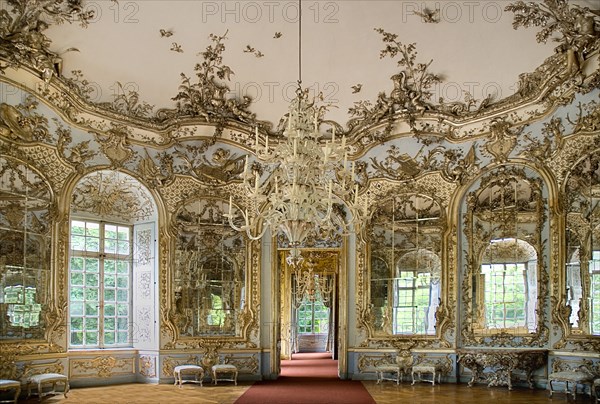 Nymphenburg Palace. Amalienburg The Hall of Mirrors interior of hunting lodge created for Electress Amalia in European Rococo style. Photo : Hugh Rooney