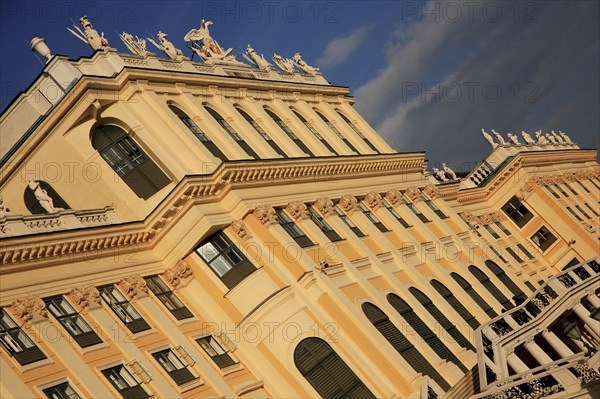 Schonnbrunn Palace. Angled part view of exterior facade.. Photo: Bennett Dean