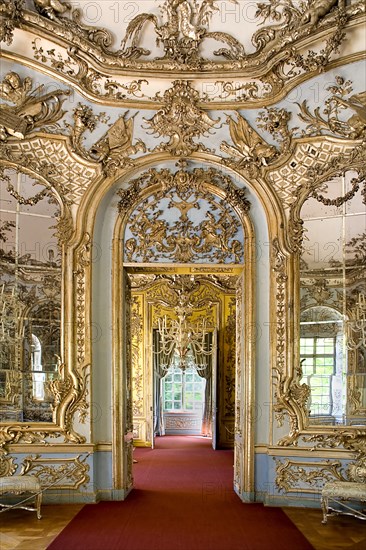 Nymphenburg Palace. Amalienburg The Hall of Mirrors. Hunting lodge created for Electress Amalia in European Rococo style. Highly ornate white and gold interior with mirrored walls. Arched doorway leading from room to room. Photo: Hugh Rooney