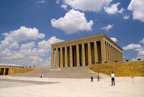 Mausoleum of Mustafa Kemal Ataturk the founder of the Turkish Republic and president in 1923 who died in 1938. Monumental rectangular structure set on hilltop with flight of steps to colonnaded entrance. Visitors in middle foreground. Photo : Hugh Rooney