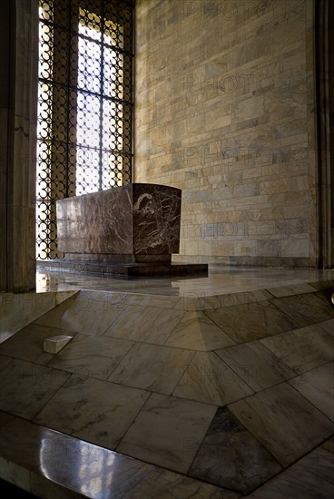 Mausoleum of Mustafa Kemal Ataturk founder of the modern Turkish Republic and first president in 1923 who died in 1938. Hall of Honour and red marble cenotaph positioned looking out over the city.. Photo: Hugh Rooney