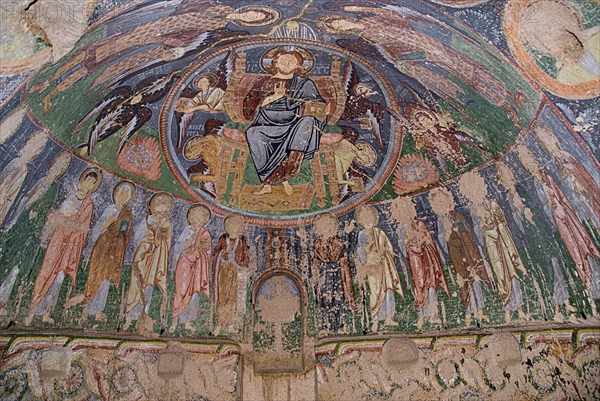 Red Valley. Hacli Kilise or The Church of the Cross. Interior of rock cut cave church on the North rim of the Red Valley with detail of ceiling fresco damaged by superstitous gouging to eradicate the evil eye. Photo : Hugh Rooney