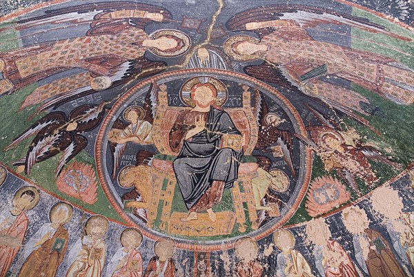 Red Valley. Hacli Kilise or The Church of the Cross. Interior of rock cut cave church on the North rim of the Red Valley with detail of ceiling fresco damaged by superstitous gouging to eradicate the evil eye. Photo : Hugh Rooney