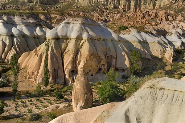 Rose and Red Valleys the Church of the Three Crosses. Rock cut cave church amongst ochre and white rock formations of volcanic tufa landscape. Photo: Hugh Rooney