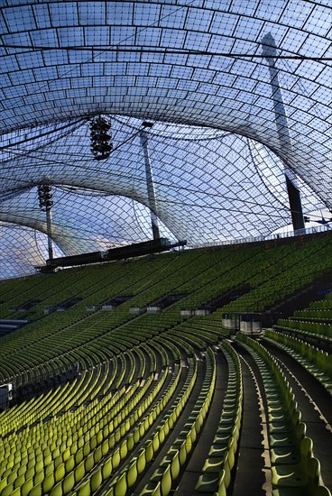 Olympic Stadium built as the main venue for the 1972 Summer Olympics. View along seating beneath large sweeping canopies of acrylic glass stabilised by steel cables meant to represent the Alps. Photo : Hugh Rooney