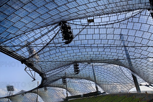 Olympic Stadium built as the main venue for the 1972 Summer Olympics. View along seating beneath large sweeping canopies of acrylic glass stabilised by steel cables meant to represent the Alps. Photo : Hugh Rooney