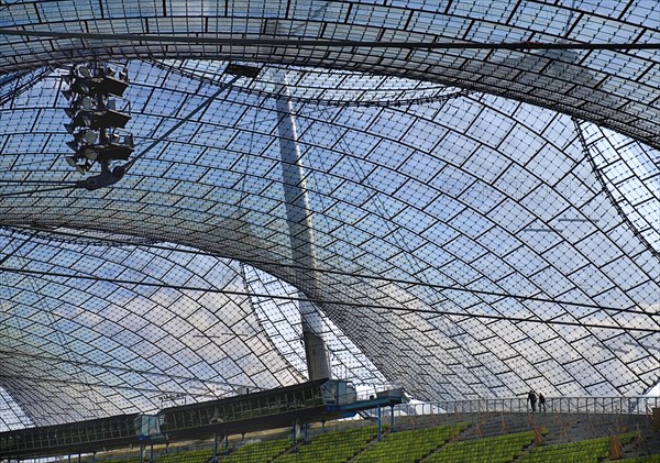 Olympic Stadium built as the main venue for the 1972 Summer Olympics. View along seating beneath large sweeping canopies of acrylic glass stabilised by steel cables meant to represent the Alps. Photo : Hugh Rooney