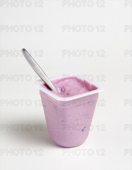 Yeo Valley probiotic blueberry fruit yogurt with spoon in pot against a white background. Photo : Paul Seheult
