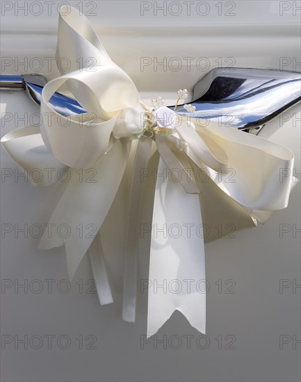 Cream ribbon tied in bow on door handle of vintage white Daimler wedding car. Photo: Paul Seheult